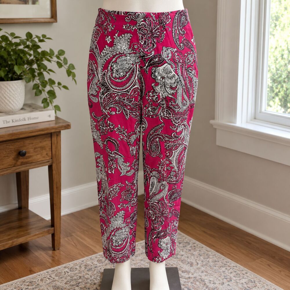 Talbots Collection Womens 8 Pink Paisley Cotton Cropped Pants Side Zip
